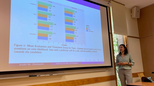 A young woman stands in front of a large screen with bar graphs